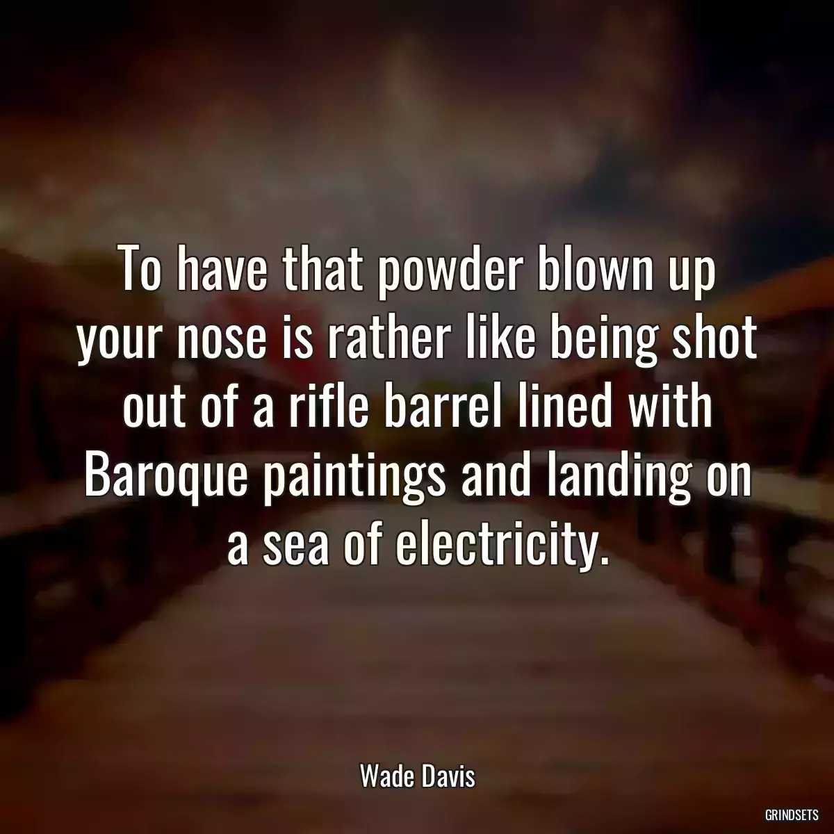 To have that powder blown up your nose is rather like being shot out of a rifle barrel lined with Baroque paintings and landing on a sea of electricity.