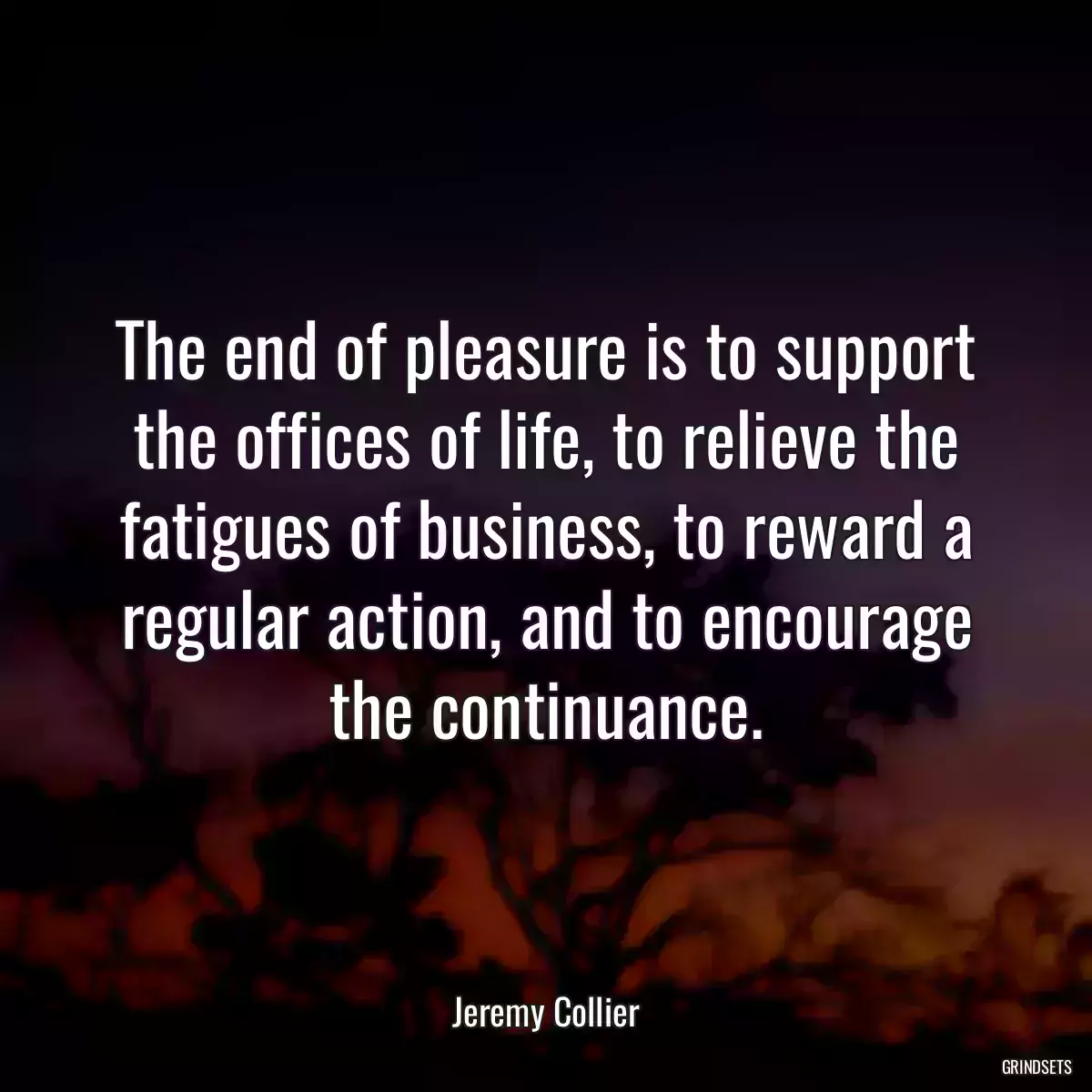 The end of pleasure is to support the offices of life, to relieve the fatigues of business, to reward a regular action, and to encourage the continuance.