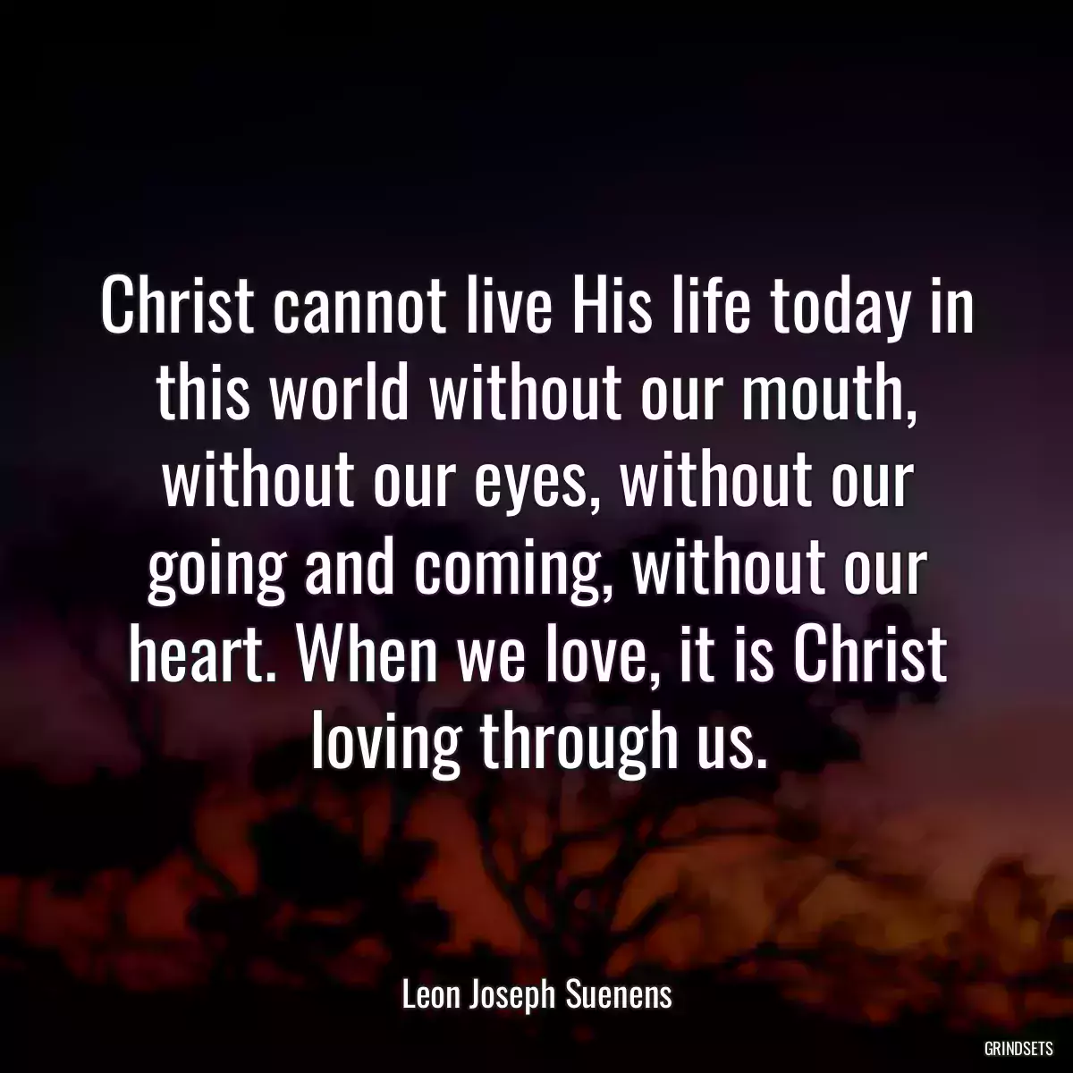 Christ cannot live His life today in this world without our mouth, without our eyes, without our going and coming, without our heart. When we love, it is Christ loving through us.