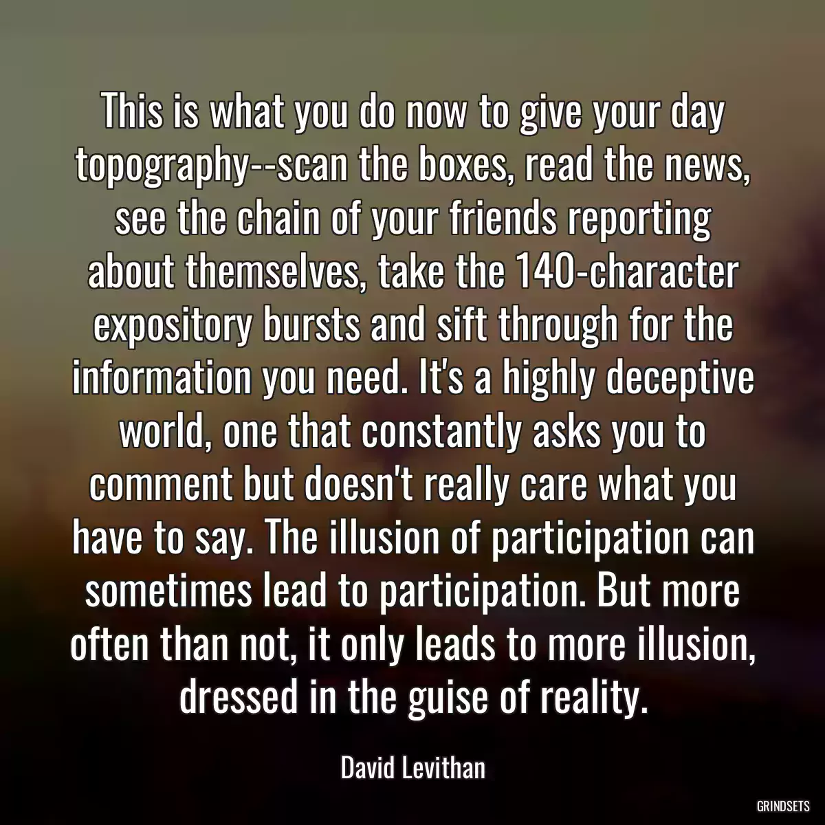 This is what you do now to give your day topography--scan the boxes, read the news, see the chain of your friends reporting about themselves, take the 140-character expository bursts and sift through for the information you need. It\'s a highly deceptive world, one that constantly asks you to comment but doesn\'t really care what you have to say. The illusion of participation can sometimes lead to participation. But more often than not, it only leads to more illusion, dressed in the guise of reality.