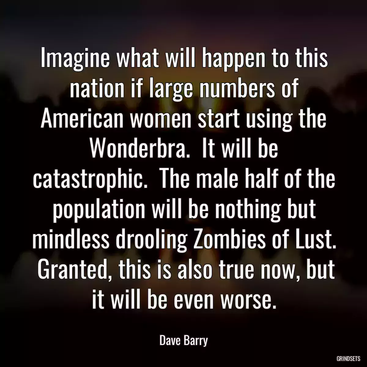 Imagine what will happen to this nation if large numbers of American women start using the Wonderbra.  It will be catastrophic.  The male half of the population will be nothing but mindless drooling Zombies of Lust.  Granted, this is also true now, but it will be even worse.