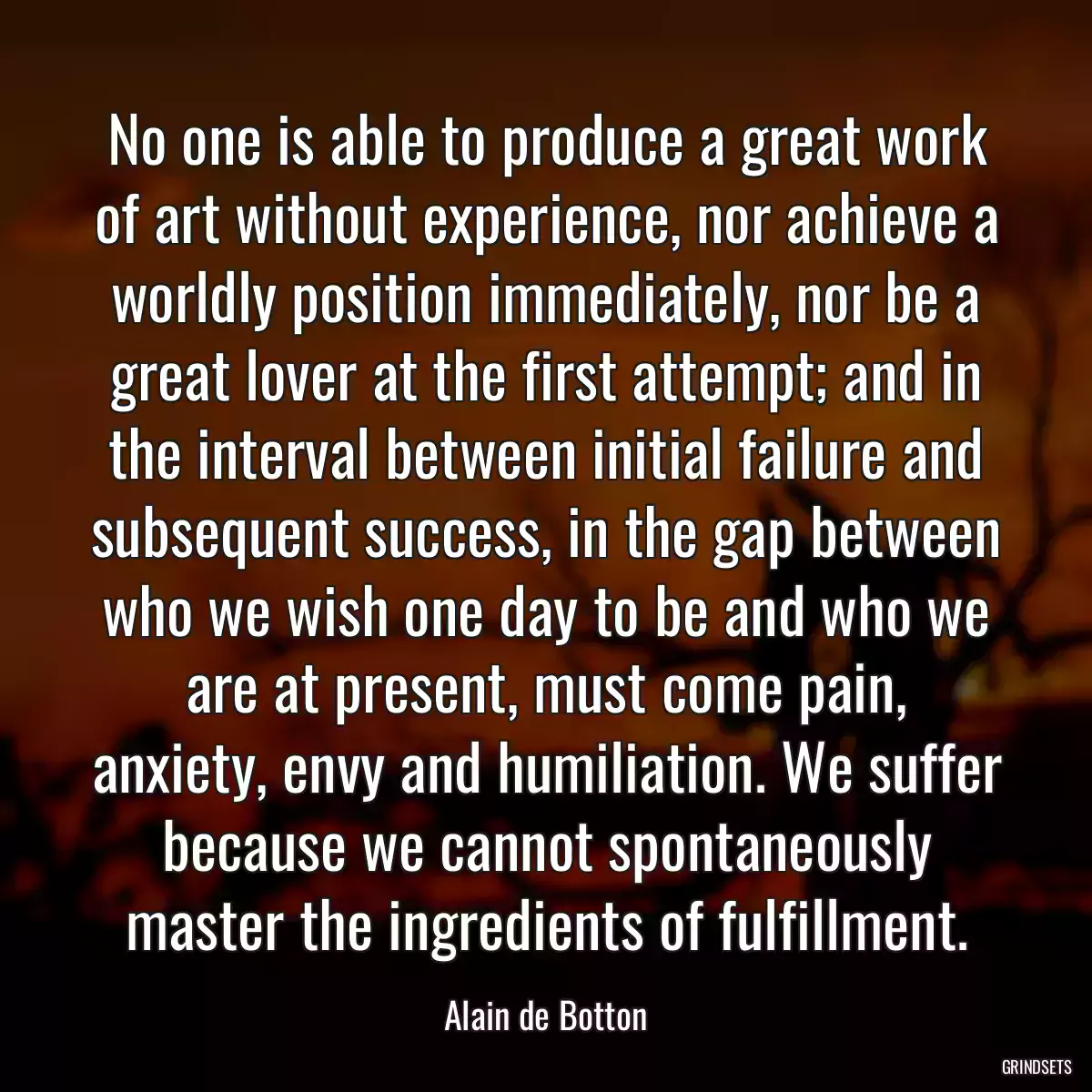 No one is able to produce a great work of art without experience, nor achieve a worldly position immediately, nor be a great lover at the first attempt; and in the interval between initial failure and subsequent success, in the gap between who we wish one day to be and who we are at present, must come pain, anxiety, envy and humiliation. We suffer because we cannot spontaneously master the ingredients of fulfillment.