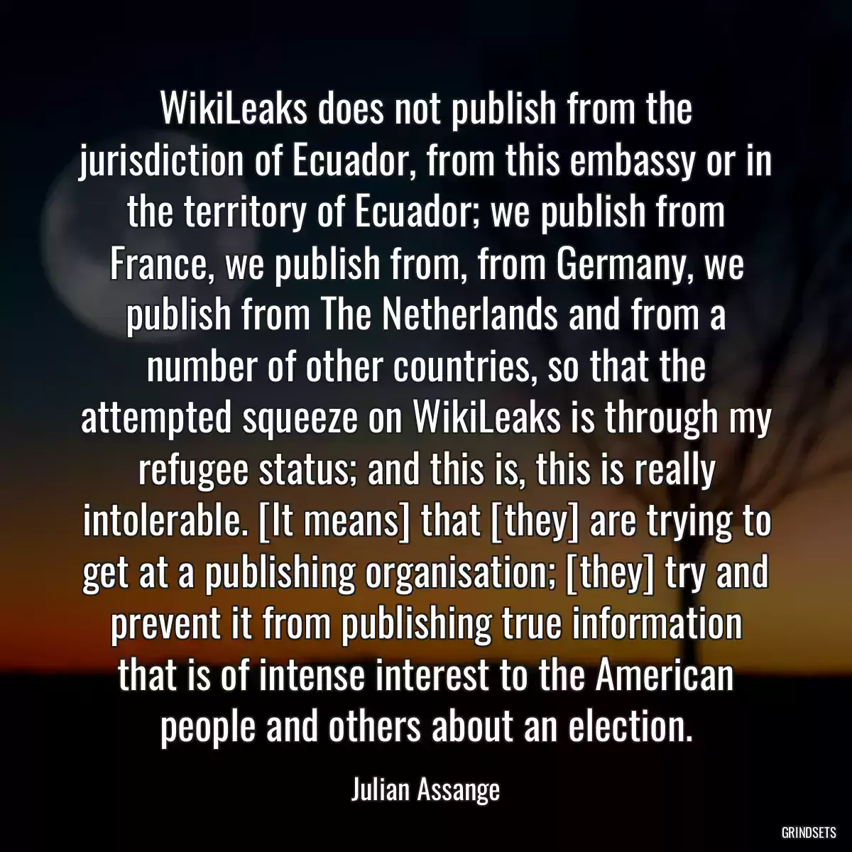 WikiLeaks does not publish from the jurisdiction of Ecuador, from this embassy or in the territory of Ecuador; we publish from France, we publish from, from Germany, we publish from The Netherlands and from a number of other countries, so that the attempted squeeze on WikiLeaks is through my refugee status; and this is, this is really intolerable. [It means] that [they] are trying to get at a publishing organisation; [they] try and prevent it from publishing true information that is of intense interest to the American people and others about an election.