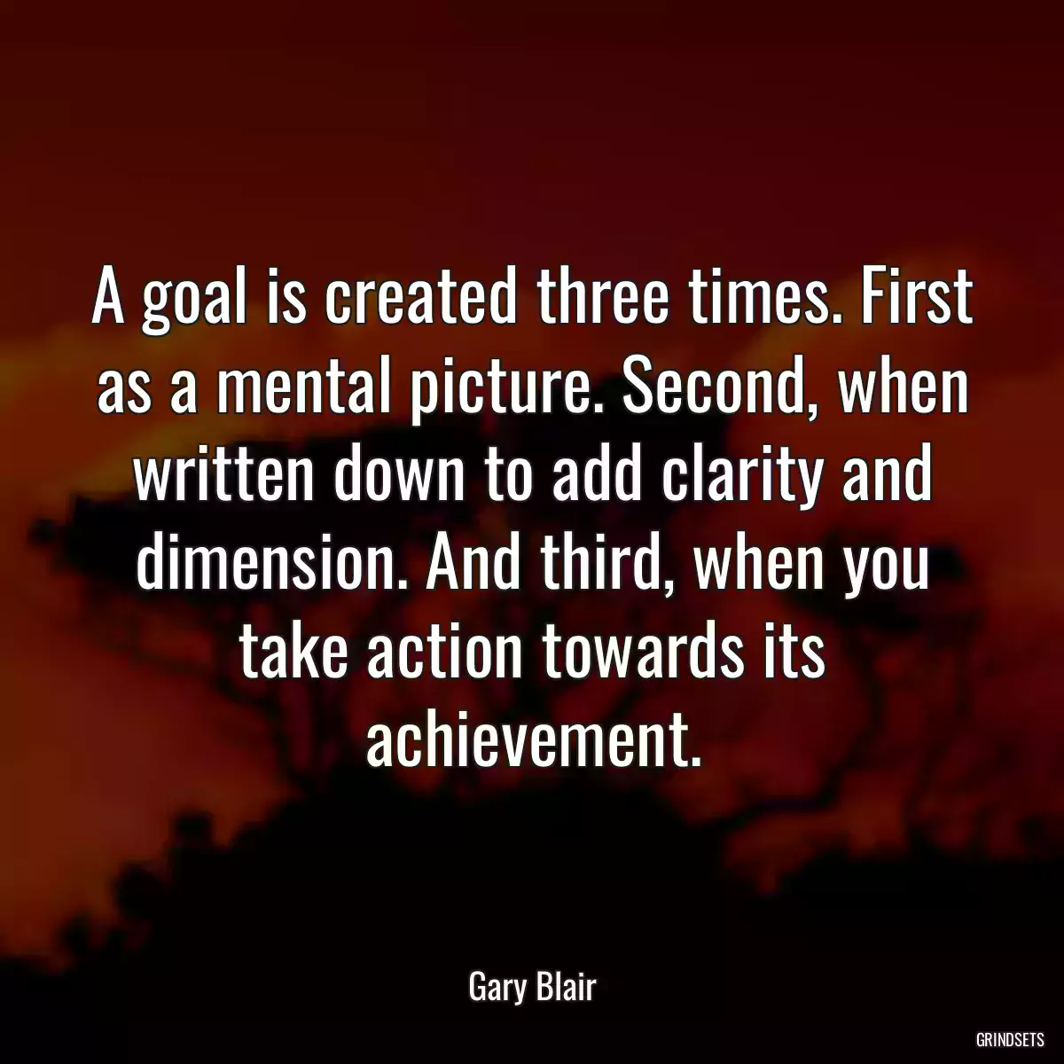 A goal is created three times. First as a mental picture. Second, when written down to add clarity and dimension. And third, when you take action towards its achievement.