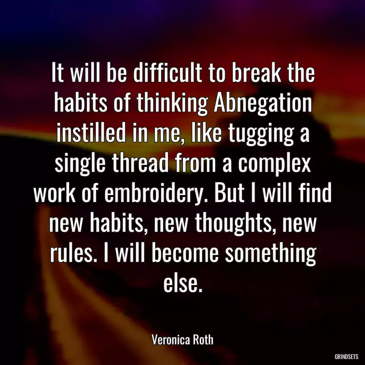 It will be difficult to break the habits of thinking Abnegation instilled in me, like tugging a single thread from a complex work of embroidery. But I will find new habits, new thoughts, new rules. I will become something else.
