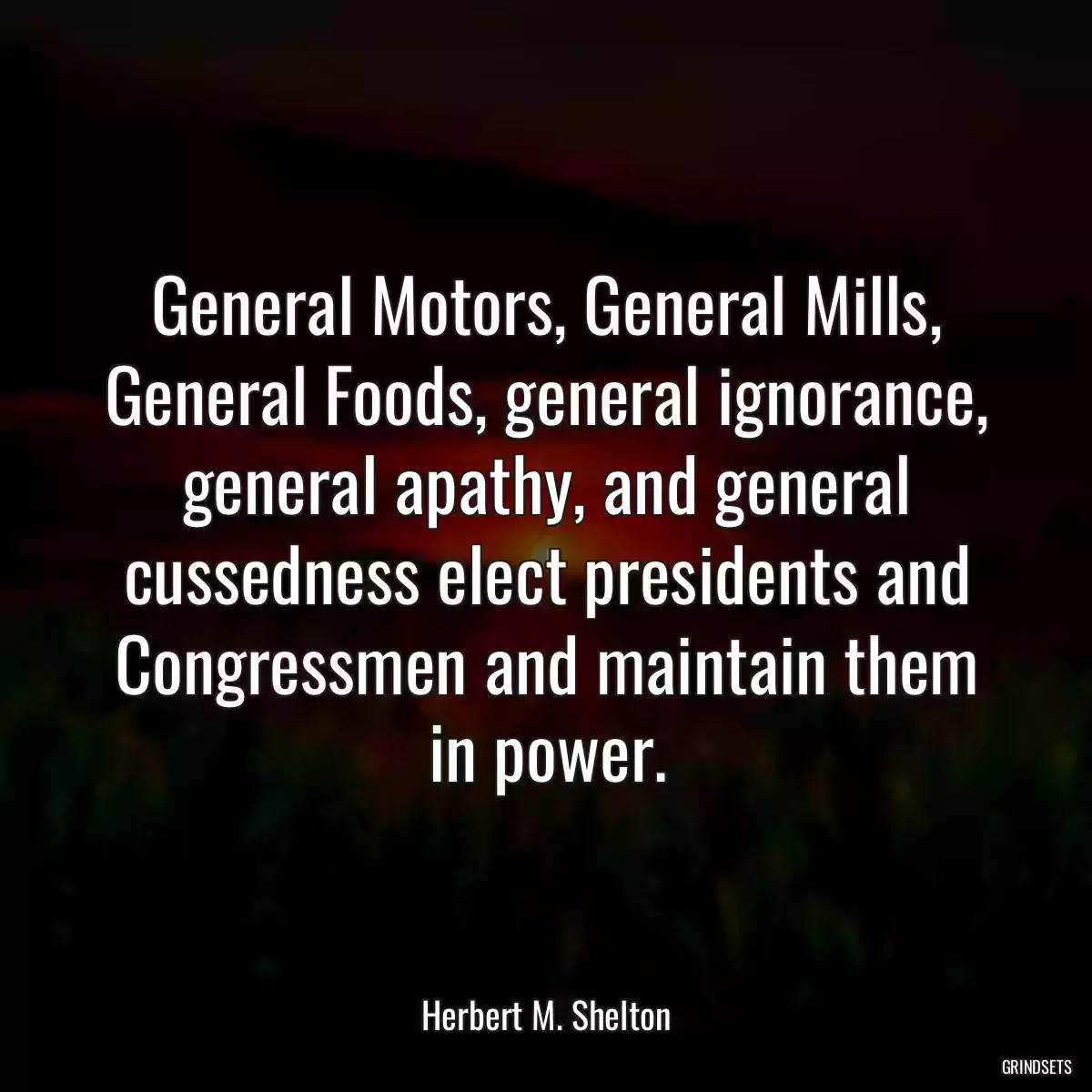 General Motors, General Mills, General Foods, general ignorance, general apathy, and general cussedness elect presidents and Congressmen and maintain them in power.