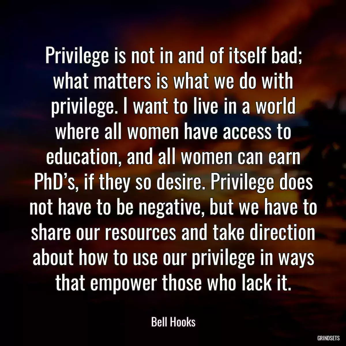 Privilege is not in and of itself bad; what matters is what we do with privilege. I want to live in a world where all women have access to education, and all women can earn PhD’s, if they so desire. Privilege does not have to be negative, but we have to share our resources and take direction about how to use our privilege in ways that empower those who lack it.