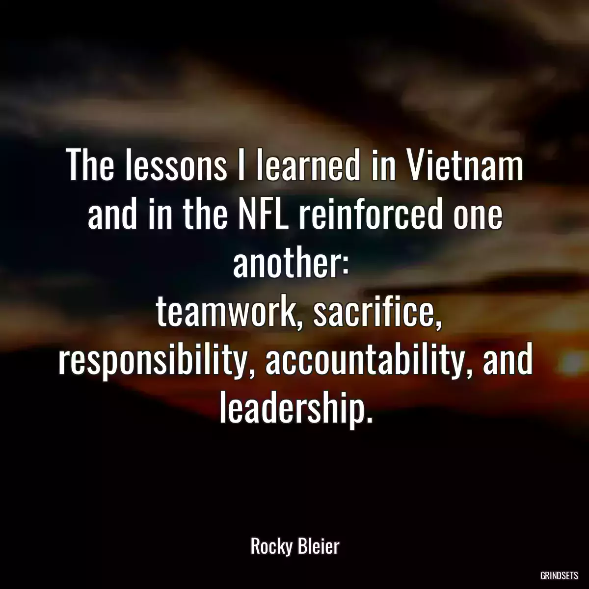 The lessons I learned in Vietnam and in the NFL reinforced one another: 
 teamwork, sacrifice, responsibility, accountability, and leadership.