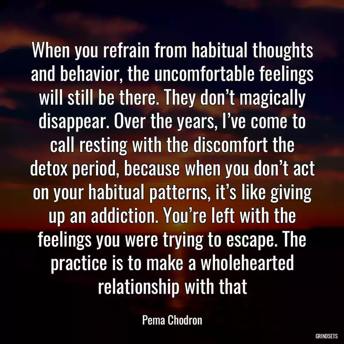 When you refrain from habitual thoughts and behavior, the uncomfortable feelings will still be there. They don’t magically disappear. Over the years, I’ve come to call resting with the discomfort the detox period, because when you don’t act on your habitual patterns, it’s like giving up an addiction. You’re left with the feelings you were trying to escape. The practice is to make a wholehearted relationship with that