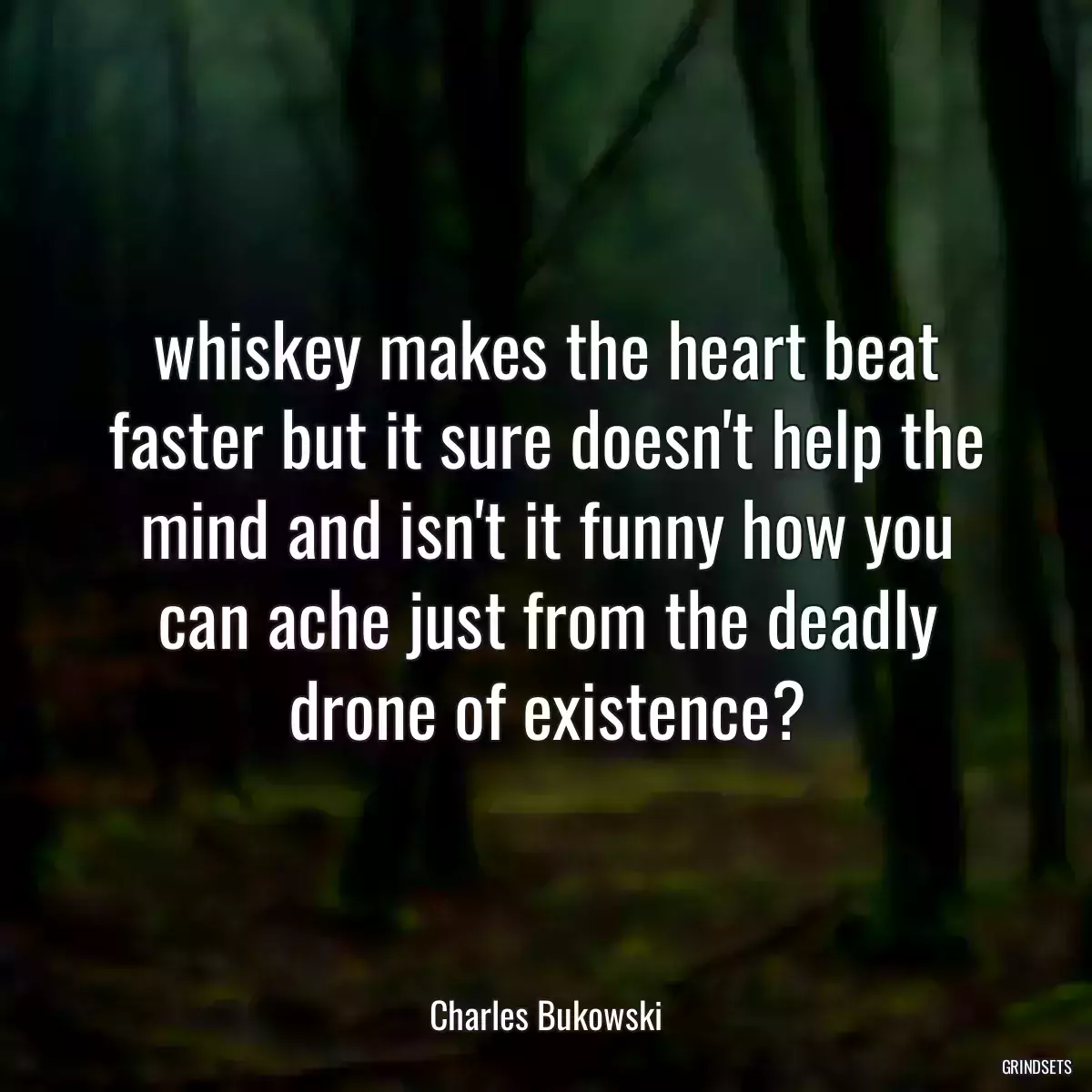 whiskey makes the heart beat faster but it sure doesn\'t help the mind and isn\'t it funny how you can ache just from the deadly drone of existence?