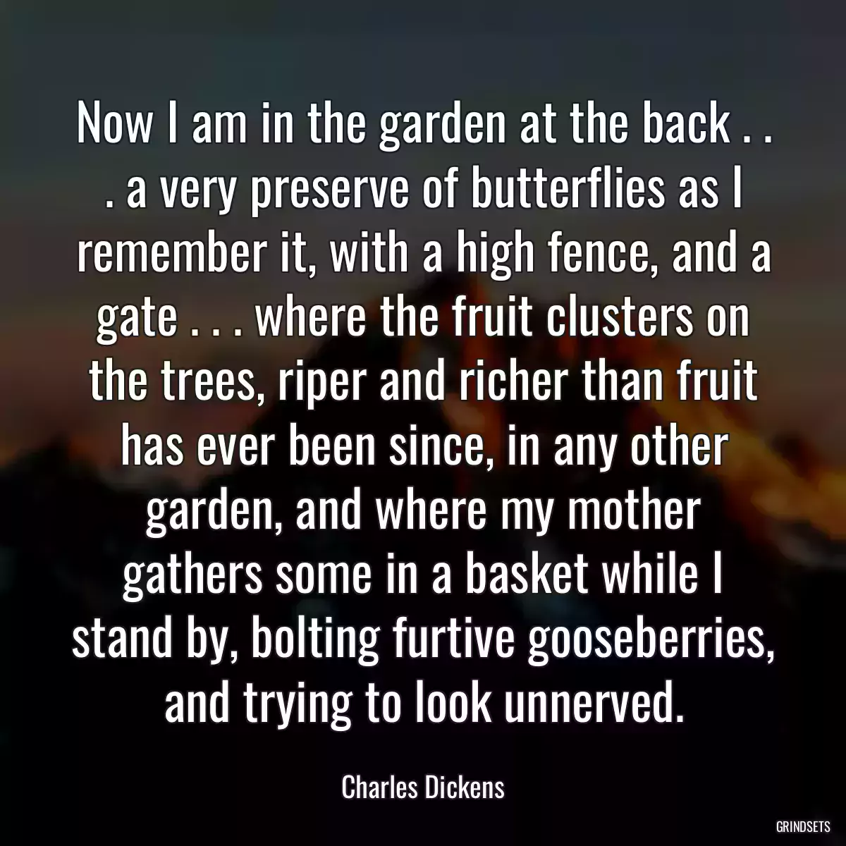 Now I am in the garden at the back . . . a very preserve of butterflies as I remember it, with a high fence, and a gate . . . where the fruit clusters on the trees, riper and richer than fruit has ever been since, in any other garden, and where my mother gathers some in a basket while I stand by, bolting furtive gooseberries, and trying to look unnerved.