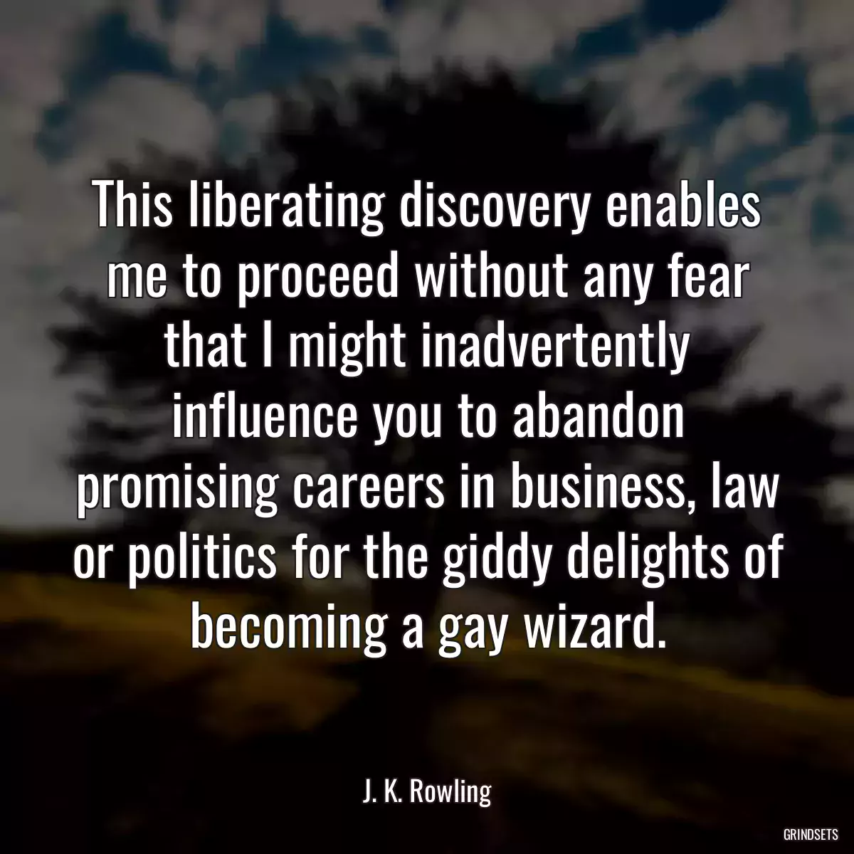 This liberating discovery enables me to proceed without any fear that I might inadvertently influence you to abandon promising careers in business, law or politics for the giddy delights of becoming a gay wizard.