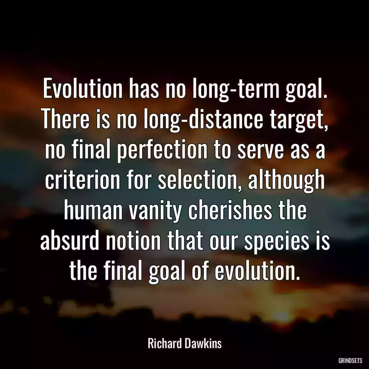 Evolution has no long-term goal. There is no long-distance target, no final perfection to serve as a criterion for selection, although human vanity cherishes the absurd notion that our species is the final goal of evolution.