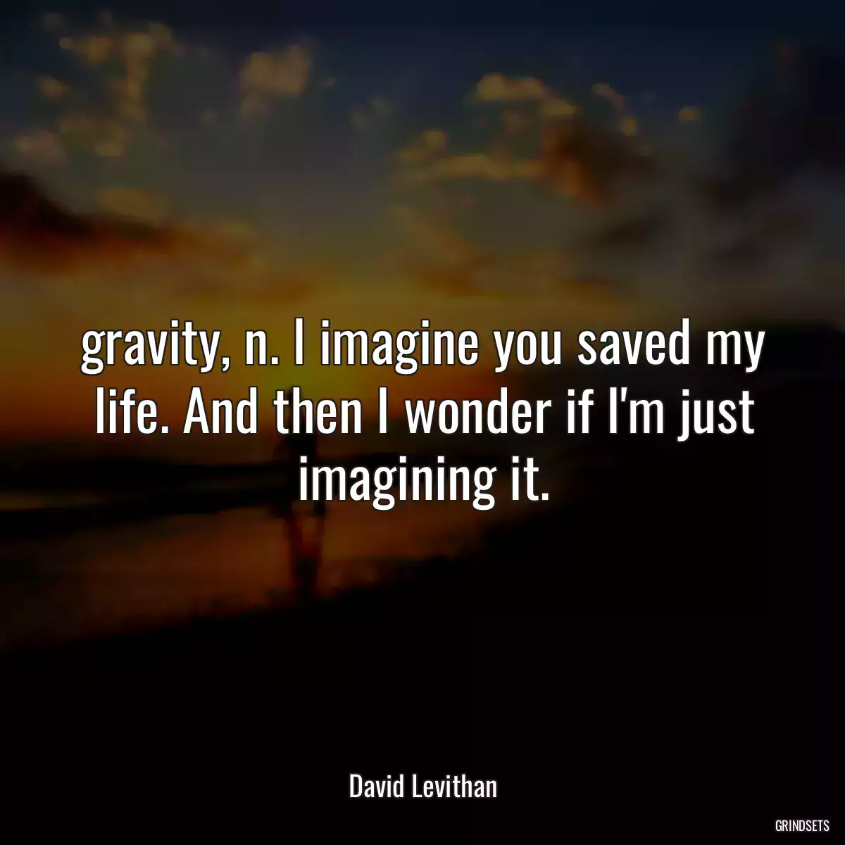 gravity, n. I imagine you saved my life. And then I wonder if I\'m just imagining it.