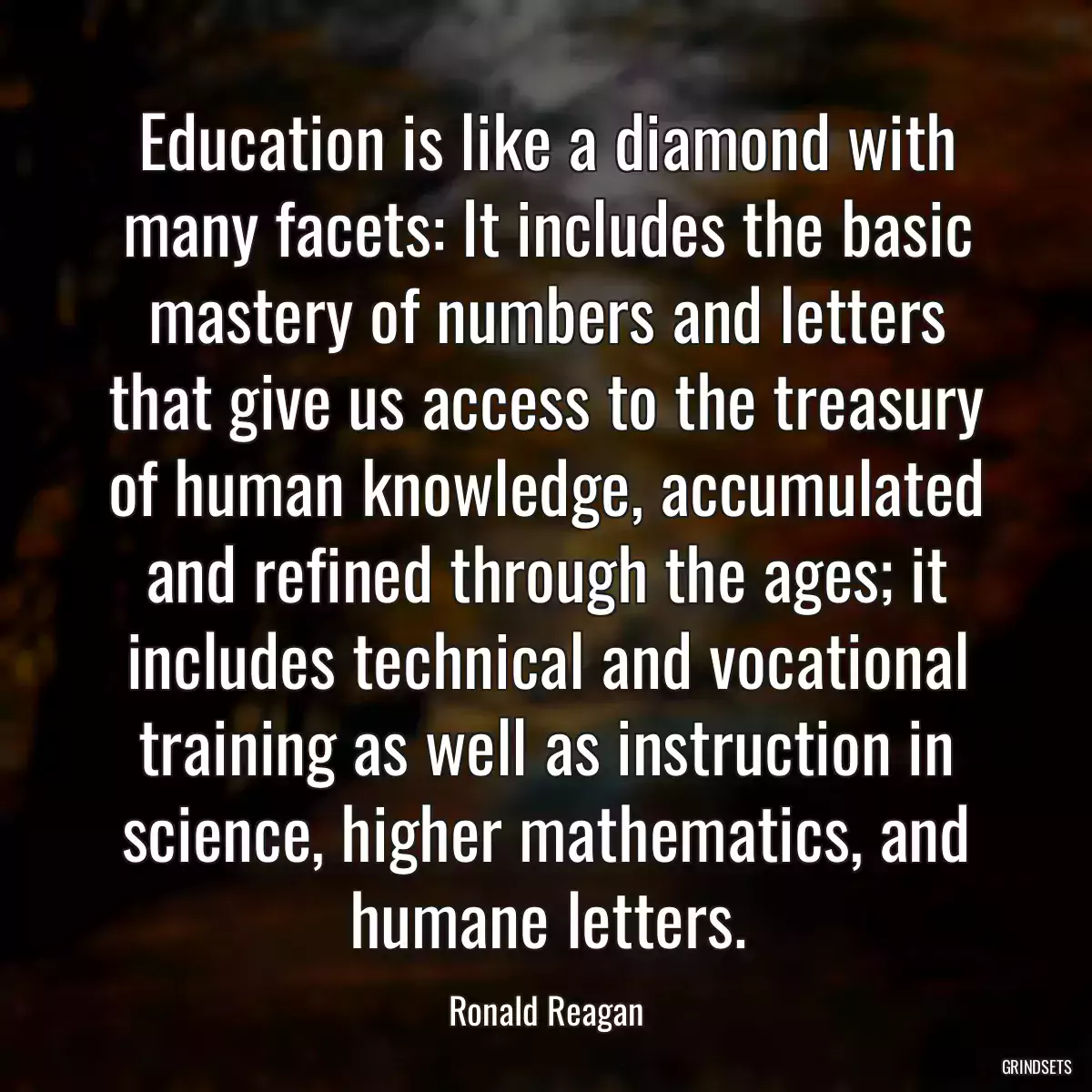 Education is like a diamond with many facets: It includes the basic mastery of numbers and letters that give us access to the treasury of human knowledge, accumulated and refined through the ages; it includes technical and vocational training as well as instruction in science, higher mathematics, and humane letters.