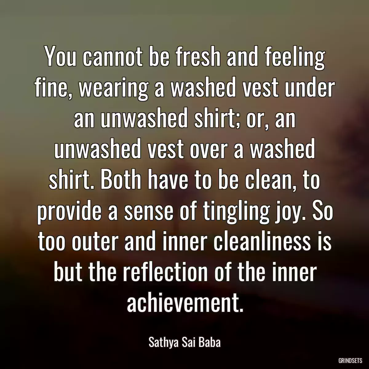 You cannot be fresh and feeling fine, wearing a washed vest under an unwashed shirt; or, an unwashed vest over a washed shirt. Both have to be clean, to provide a sense of tingling joy. So too outer and inner cleanliness is but the reflection of the inner achievement.