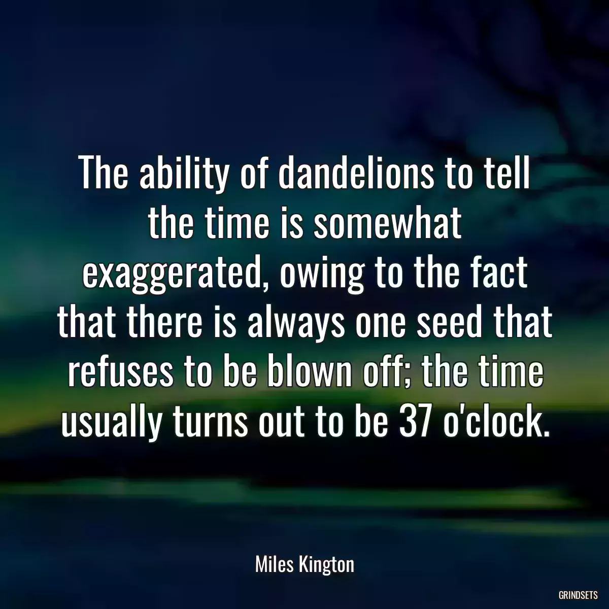 The ability of dandelions to tell the time is somewhat exaggerated, owing to the fact that there is always one seed that refuses to be blown off; the time usually turns out to be 37 o\'clock.