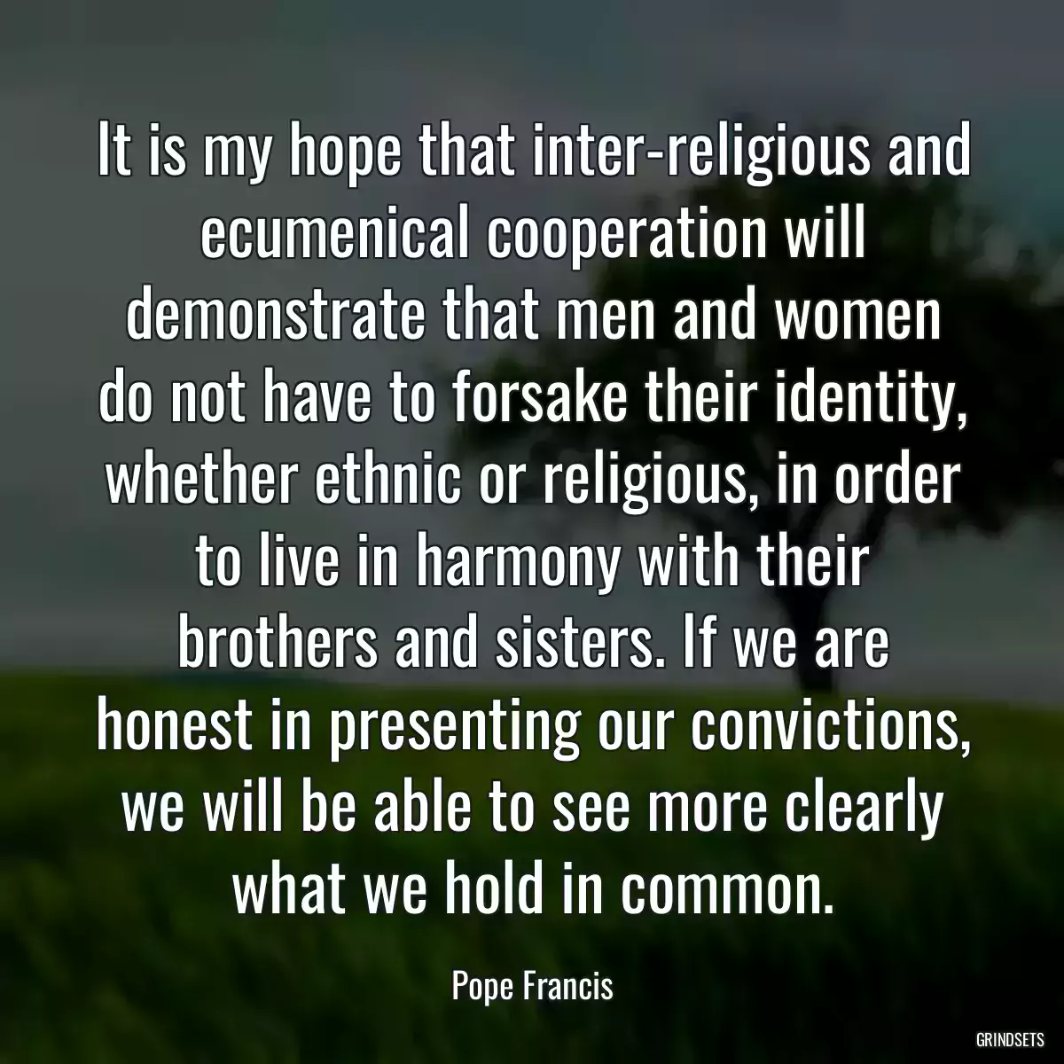 It is my hope that inter-religious and ecumenical cooperation will demonstrate that men and women do not have to forsake their identity, whether ethnic or religious, in order to live in harmony with their brothers and sisters. If we are honest in presenting our convictions, we will be able to see more clearly what we hold in common.