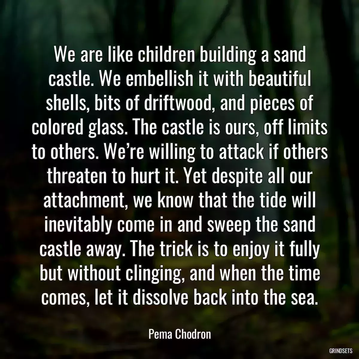We are like children building a sand castle. We embellish it with beautiful shells, bits of driftwood, and pieces of colored glass. The castle is ours, off limits to others. We’re willing to attack if others threaten to hurt it. Yet despite all our attachment, we know that the tide will inevitably come in and sweep the sand castle away. The trick is to enjoy it fully but without clinging, and when the time comes, let it dissolve back into the sea.