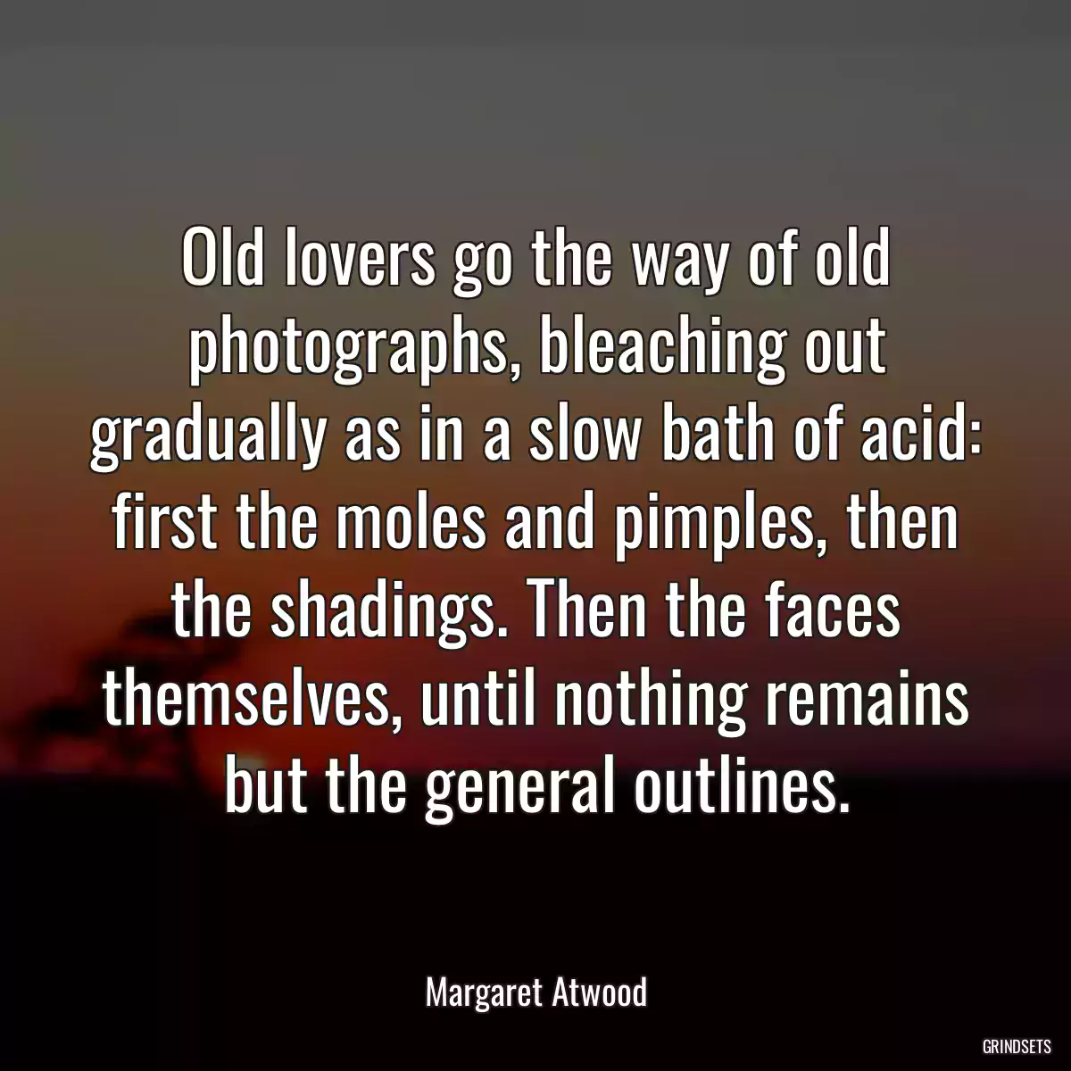 Old lovers go the way of old photographs, bleaching out gradually as in a slow bath of acid: first the moles and pimples, then the shadings. Then the faces themselves, until nothing remains but the general outlines.