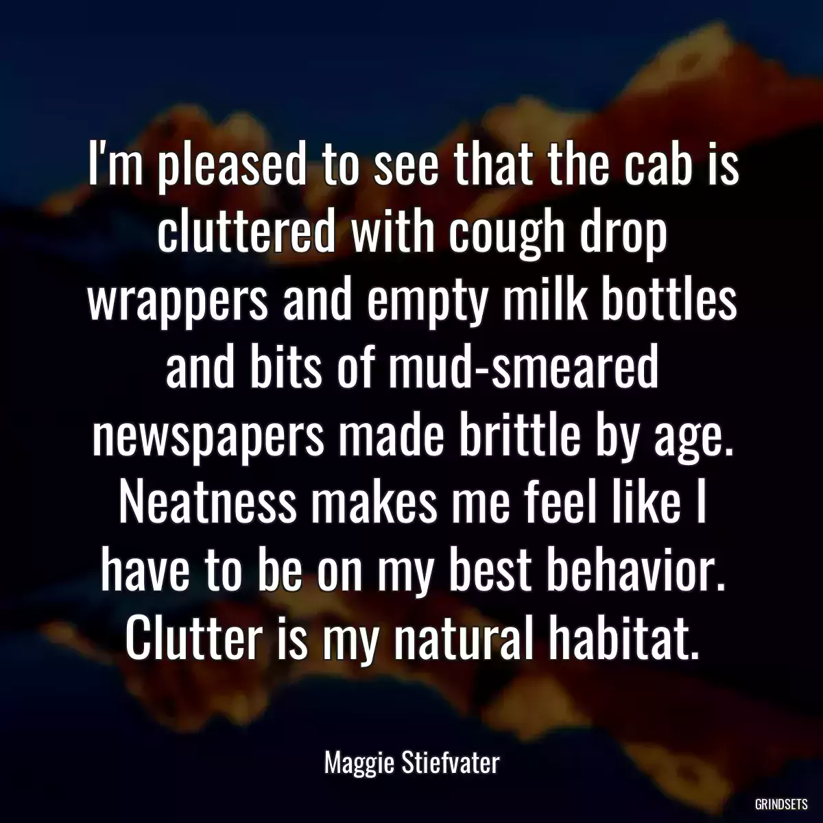 I\'m pleased to see that the cab is cluttered with cough drop wrappers and empty milk bottles and bits of mud-smeared newspapers made brittle by age. Neatness makes me feel like I have to be on my best behavior. Clutter is my natural habitat.