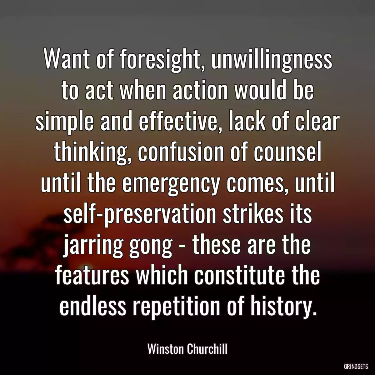 Want of foresight, unwillingness to act when action would be simple and effective, lack of clear thinking, confusion of counsel until the emergency comes, until self-preservation strikes its jarring gong - these are the features which constitute the endless repetition of history.