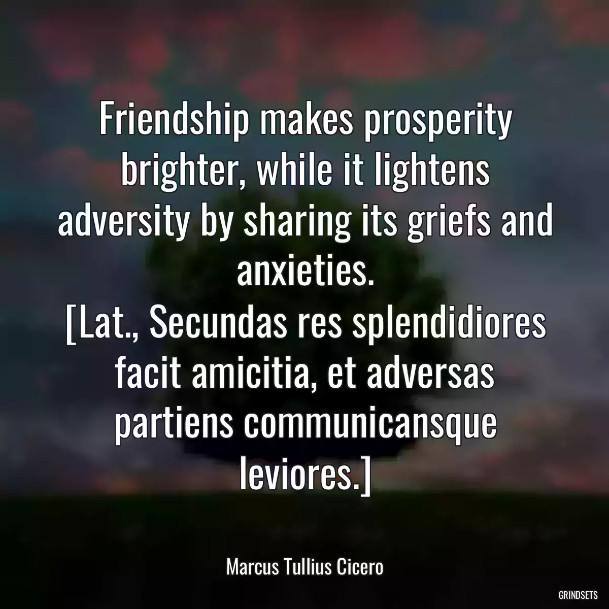 Friendship makes prosperity brighter, while it lightens adversity by sharing its griefs and anxieties.
[Lat., Secundas res splendidiores facit amicitia, et adversas partiens communicansque leviores.]