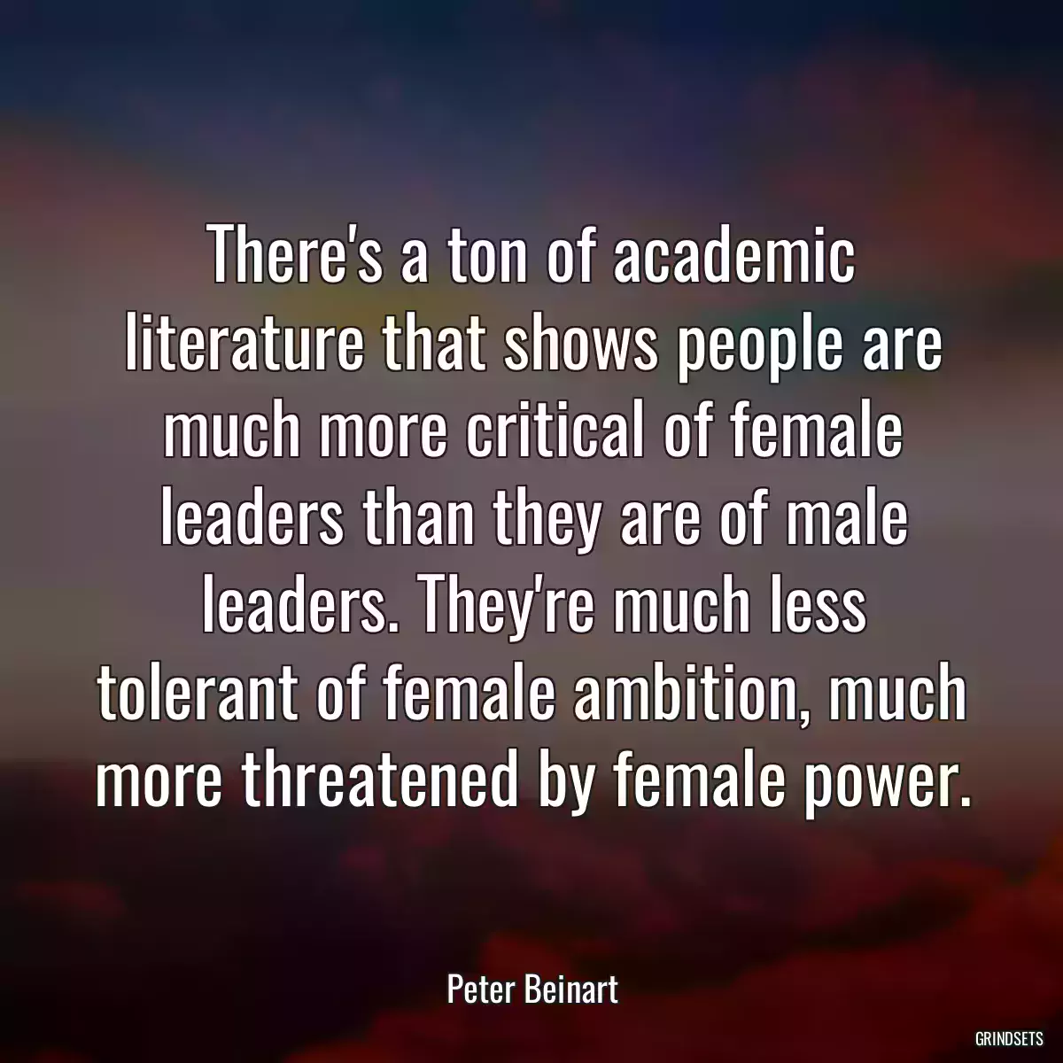 There\'s a ton of academic literature that shows people are much more critical of female leaders than they are of male leaders. They\'re much less tolerant of female ambition, much more threatened by female power.