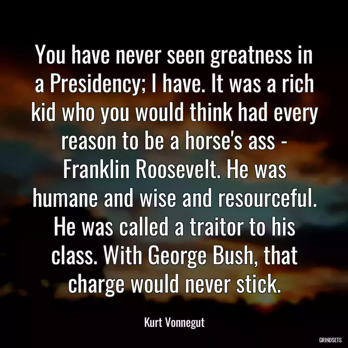 You have never seen greatness in a Presidency; I have. It was a rich kid who you would think had every reason to be a horse\'s ass - Franklin Roosevelt. He was humane and wise and resourceful. He was called a traitor to his class. With George Bush, that charge would never stick.