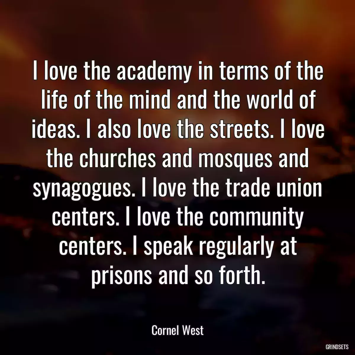 I love the academy in terms of the life of the mind and the world of ideas. I also love the streets. I love the churches and mosques and synagogues. I love the trade union centers. I love the community centers. I speak regularly at prisons and so forth.