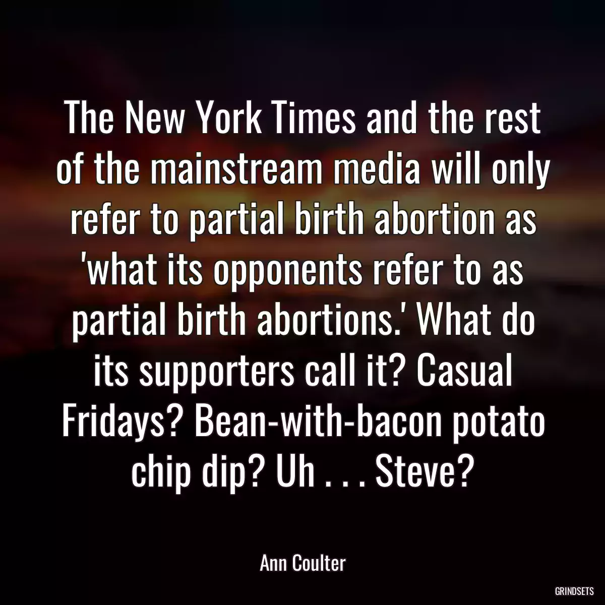 The New York Times and the rest of the mainstream media will only refer to partial birth abortion as \'what its opponents refer to as partial birth abortions.\' What do its supporters call it? Casual Fridays? Bean-with-bacon potato chip dip? Uh . . . Steve?