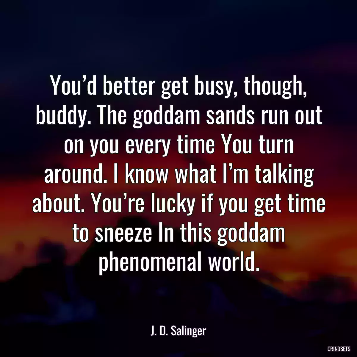 You’d better get busy, though, buddy. The goddam sands run out on you every time You turn around. I know what I’m talking about. You’re lucky if you get time to sneeze In this goddam phenomenal world.