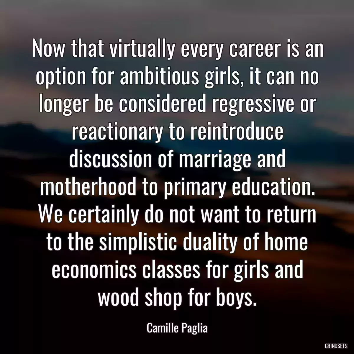 Now that virtually every career is an option for ambitious girls, it can no longer be considered regressive or reactionary to reintroduce discussion of marriage and motherhood to primary education. We certainly do not want to return to the simplistic duality of home economics classes for girls and wood shop for boys.