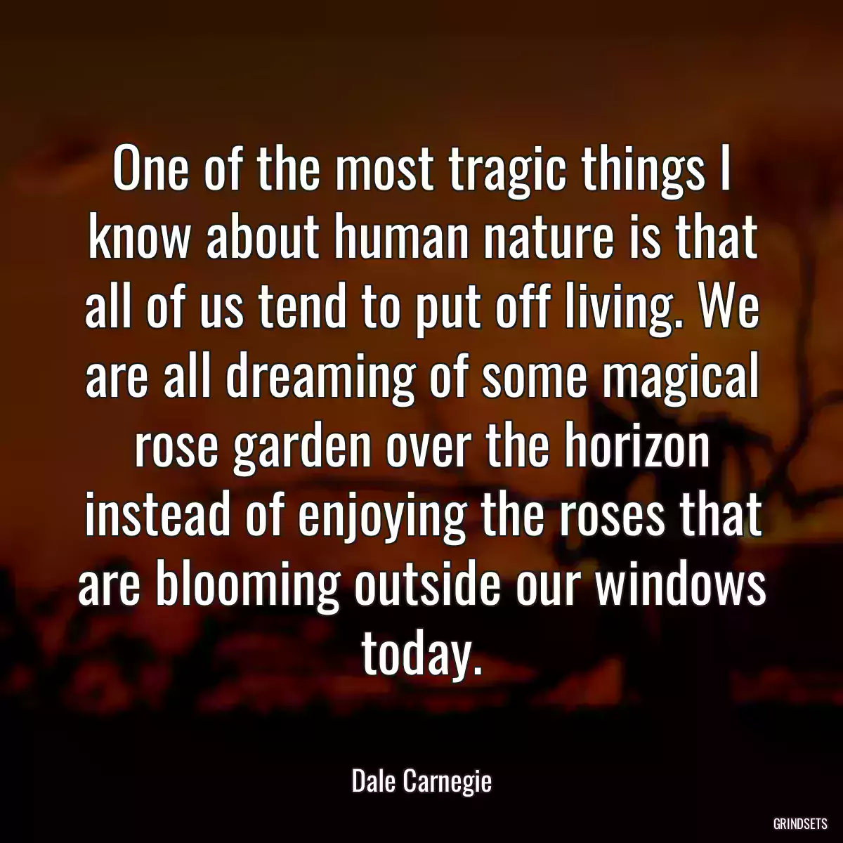 One of the most tragic things I know about human nature is that all of us tend to put off living. We are all dreaming of some magical rose garden over the horizon instead of enjoying the roses that are blooming outside our windows today.