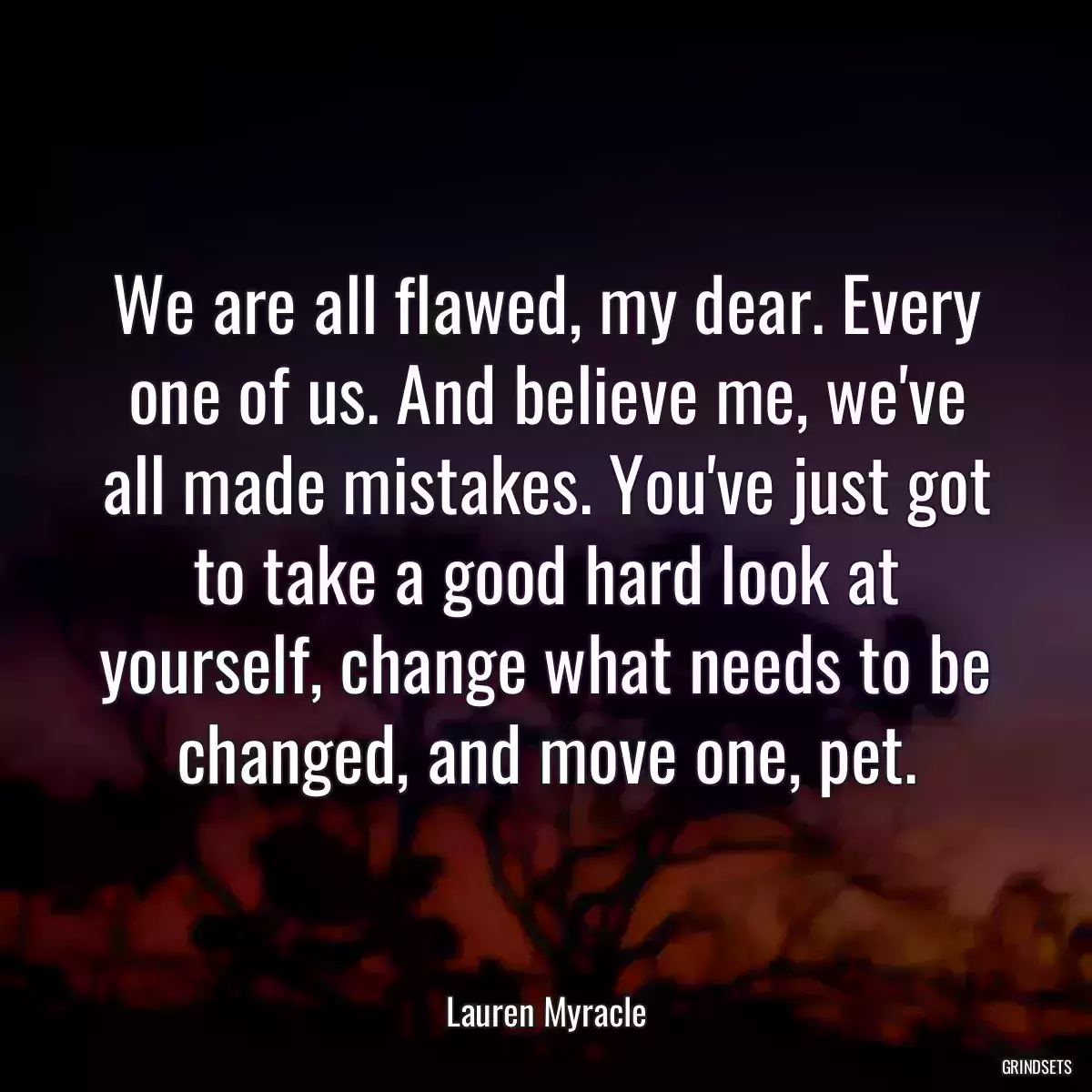 We are all flawed, my dear. Every one of us. And believe me, we\'ve all made mistakes. You\'ve just got to take a good hard look at yourself, change what needs to be changed, and move one, pet.