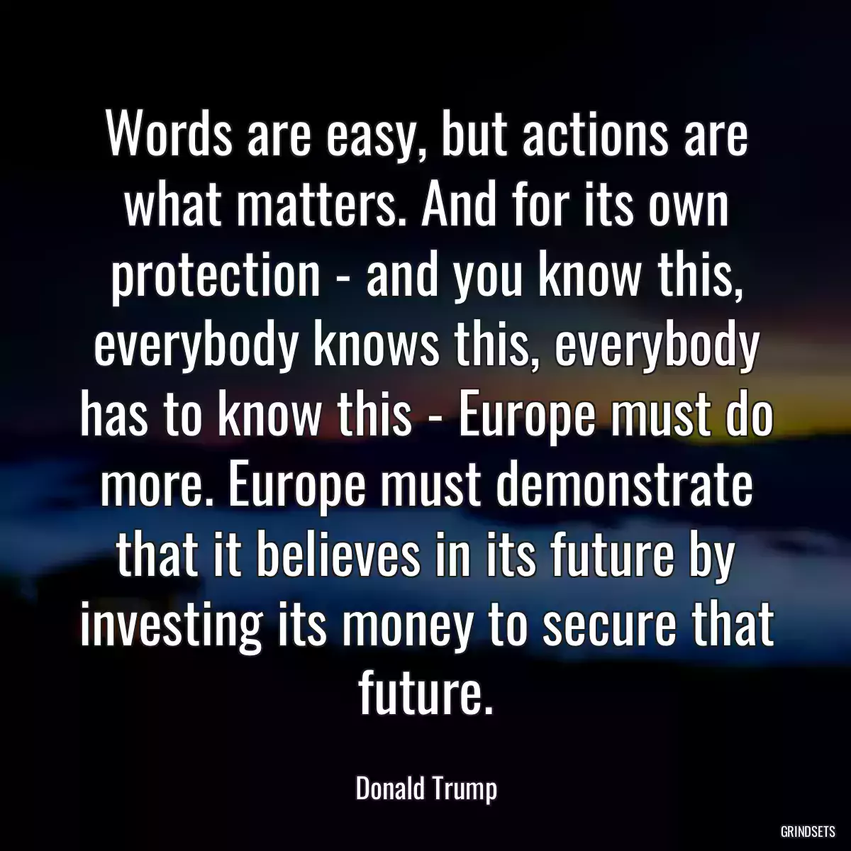 Words are easy, but actions are what matters. And for its own protection - and you know this, everybody knows this, everybody has to know this - Europe must do more. Europe must demonstrate that it believes in its future by investing its money to secure that future.