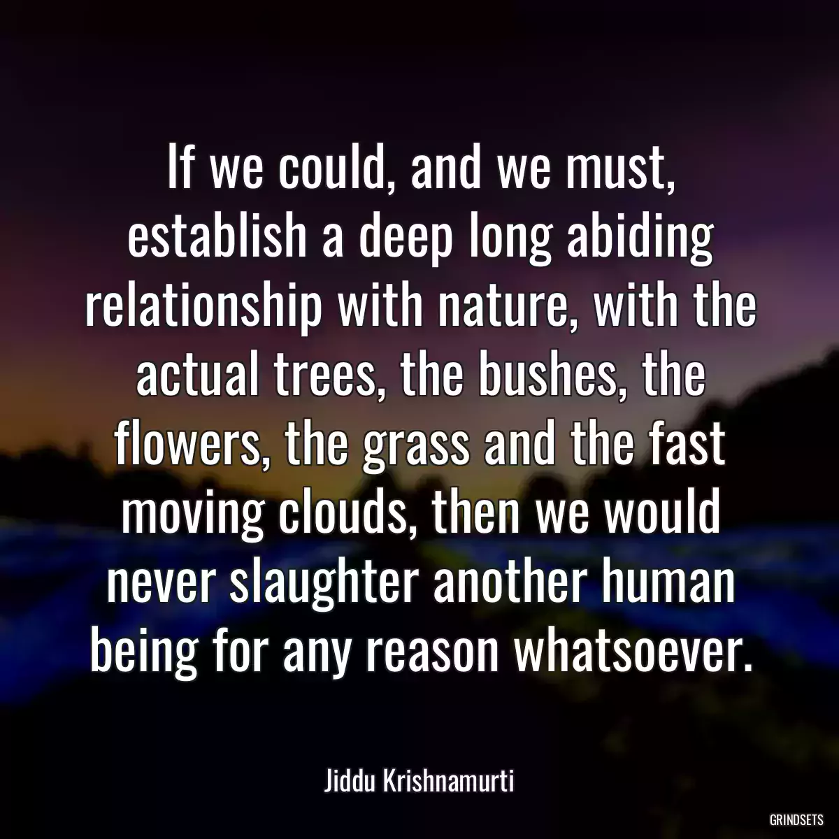 If we could, and we must, establish a deep long abiding relationship with nature, with the actual trees, the bushes, the flowers, the grass and the fast moving clouds, then we would never slaughter another human being for any reason whatsoever.