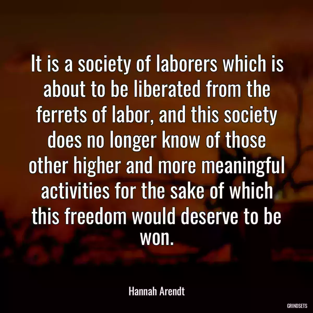 It is a society of laborers which is about to be liberated from the ferrets of labor, and this society does no longer know of those other higher and more meaningful activities for the sake of which this freedom would deserve to be won.