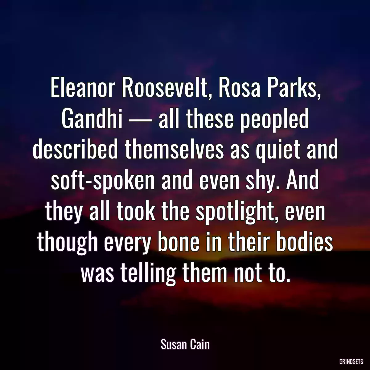 Eleanor Roosevelt, Rosa Parks, Gandhi — all these peopled described themselves as quiet and soft-spoken and even shy. And they all took the spotlight, even though every bone in their bodies was telling them not to.