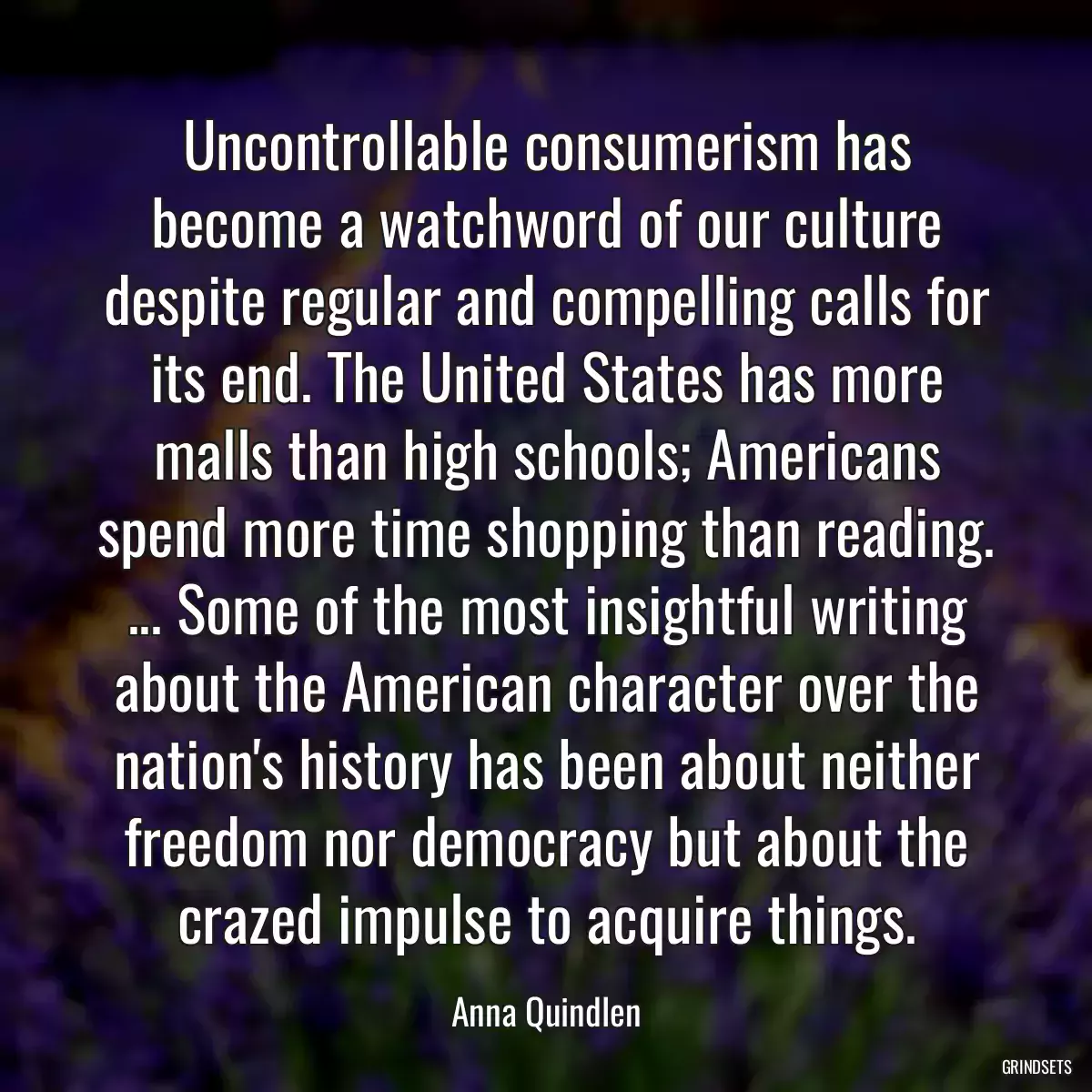 Uncontrollable consumerism has become a watchword of our culture despite regular and compelling calls for its end. The United States has more malls than high schools; Americans spend more time shopping than reading. ... Some of the most insightful writing about the American character over the nation\'s history has been about neither freedom nor democracy but about the crazed impulse to acquire things.