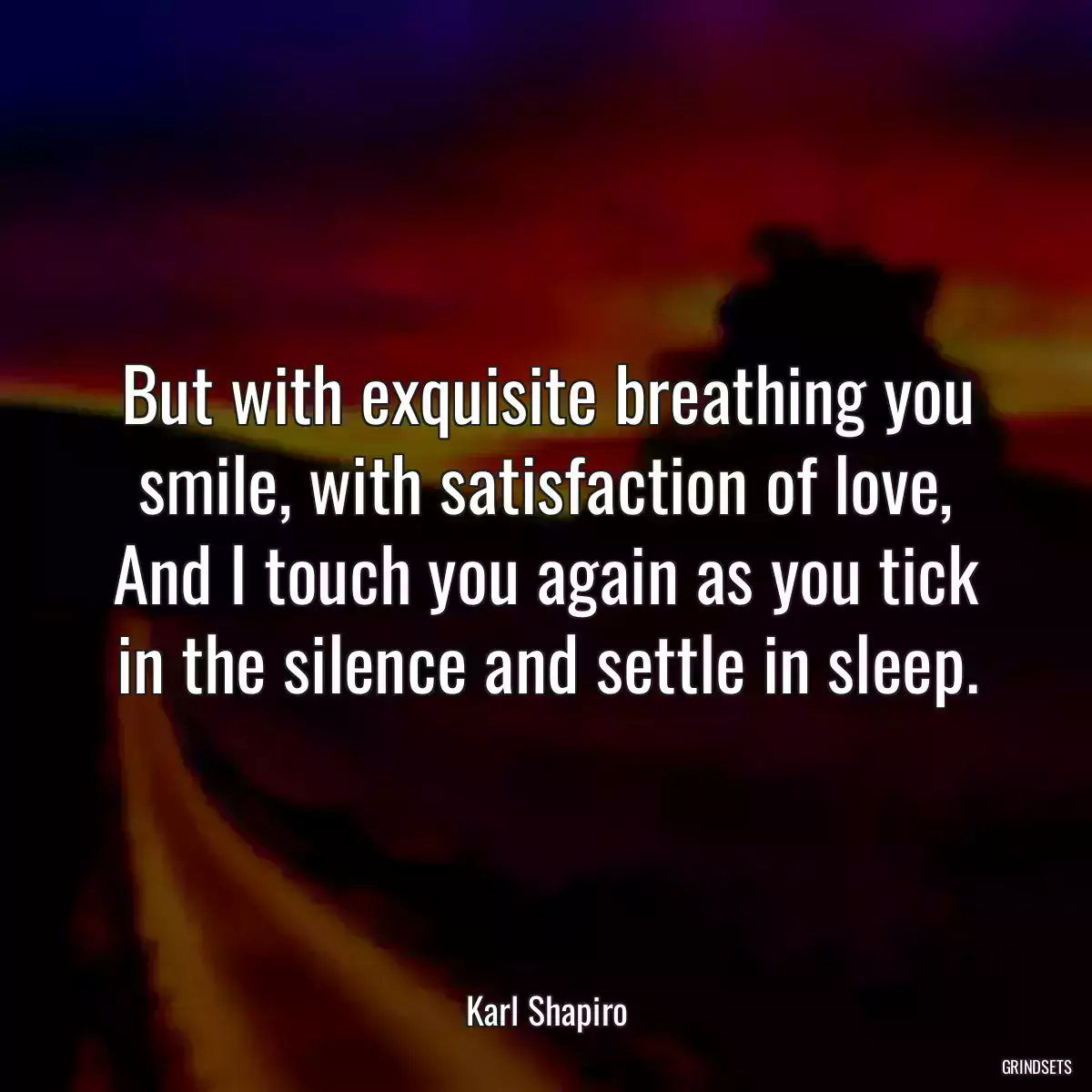 But with exquisite breathing you smile, with satisfaction of love, And I touch you again as you tick in the silence and settle in sleep.