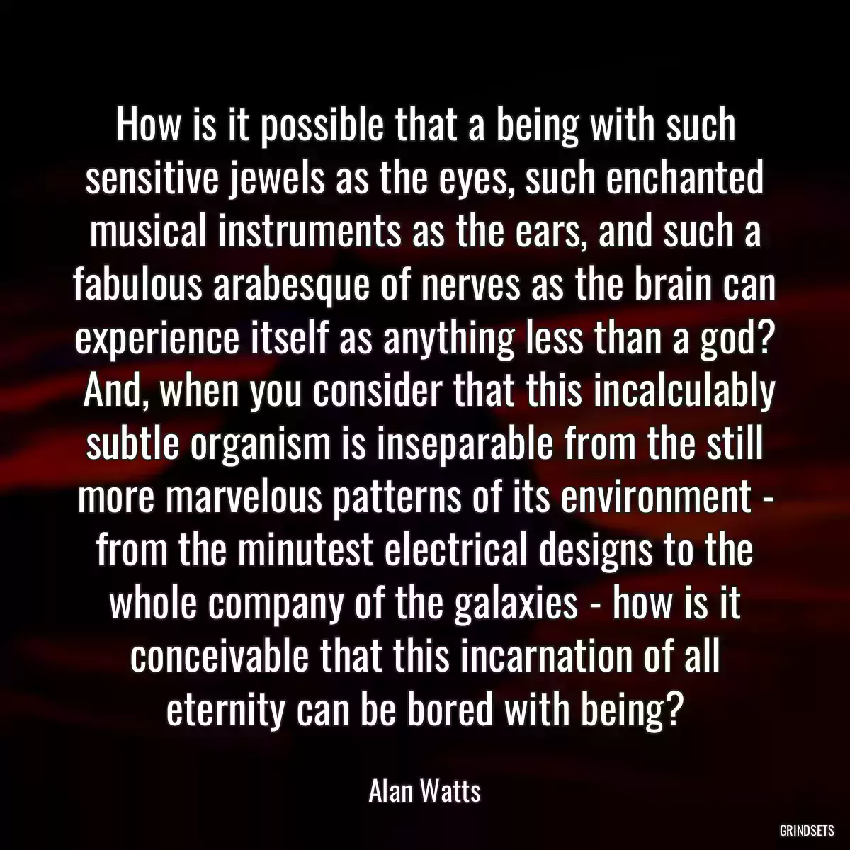 How is it possible that a being with such sensitive jewels as the eyes, such enchanted musical instruments as the ears, and such a fabulous arabesque of nerves as the brain can experience itself as anything less than a god?  And, when you consider that this incalculably subtle organism is inseparable from the still more marvelous patterns of its environment - from the minutest electrical designs to the whole company of the galaxies - how is it conceivable that this incarnation of all eternity can be bored with being?