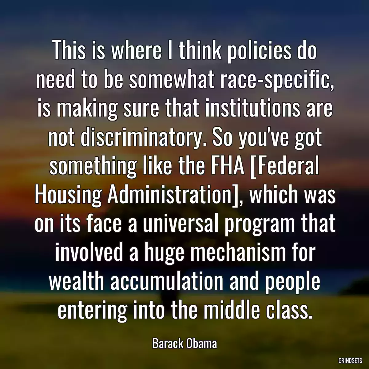 This is where I think policies do need to be somewhat race-specific, is making sure that institutions are not discriminatory. So you\'ve got something like the FHA [Federal Housing Administration], which was on its face a universal program that involved a huge mechanism for wealth accumulation and people entering into the middle class.