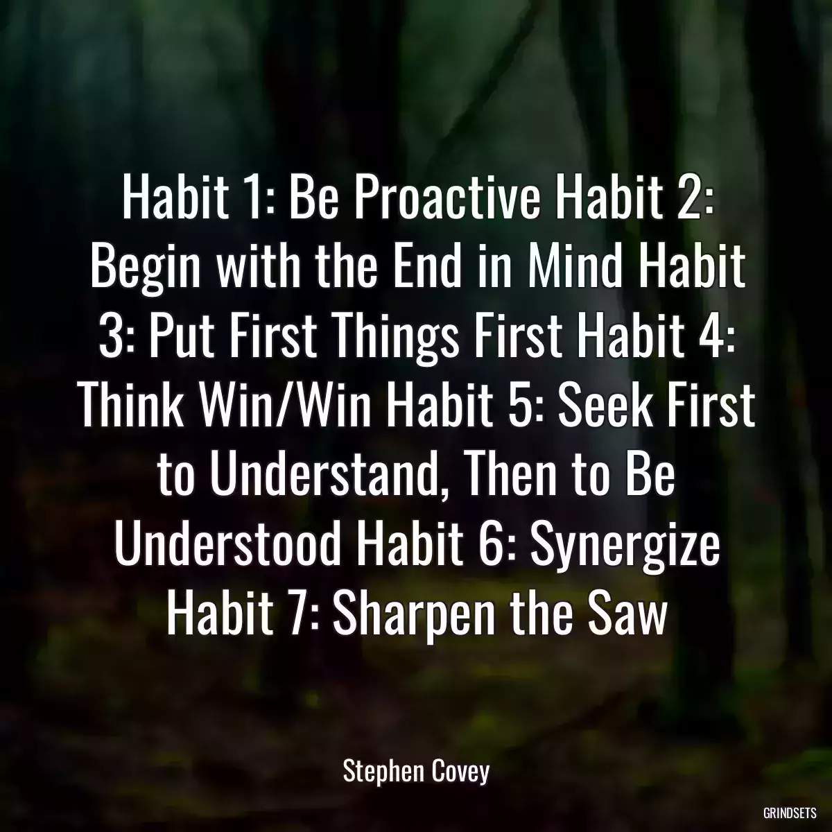 Habit 1: Be Proactive Habit 2: Begin with the End in Mind Habit 3: Put First Things First Habit 4: Think Win/Win Habit 5: Seek First to Understand, Then to Be Understood Habit 6: Synergize Habit 7: Sharpen the Saw