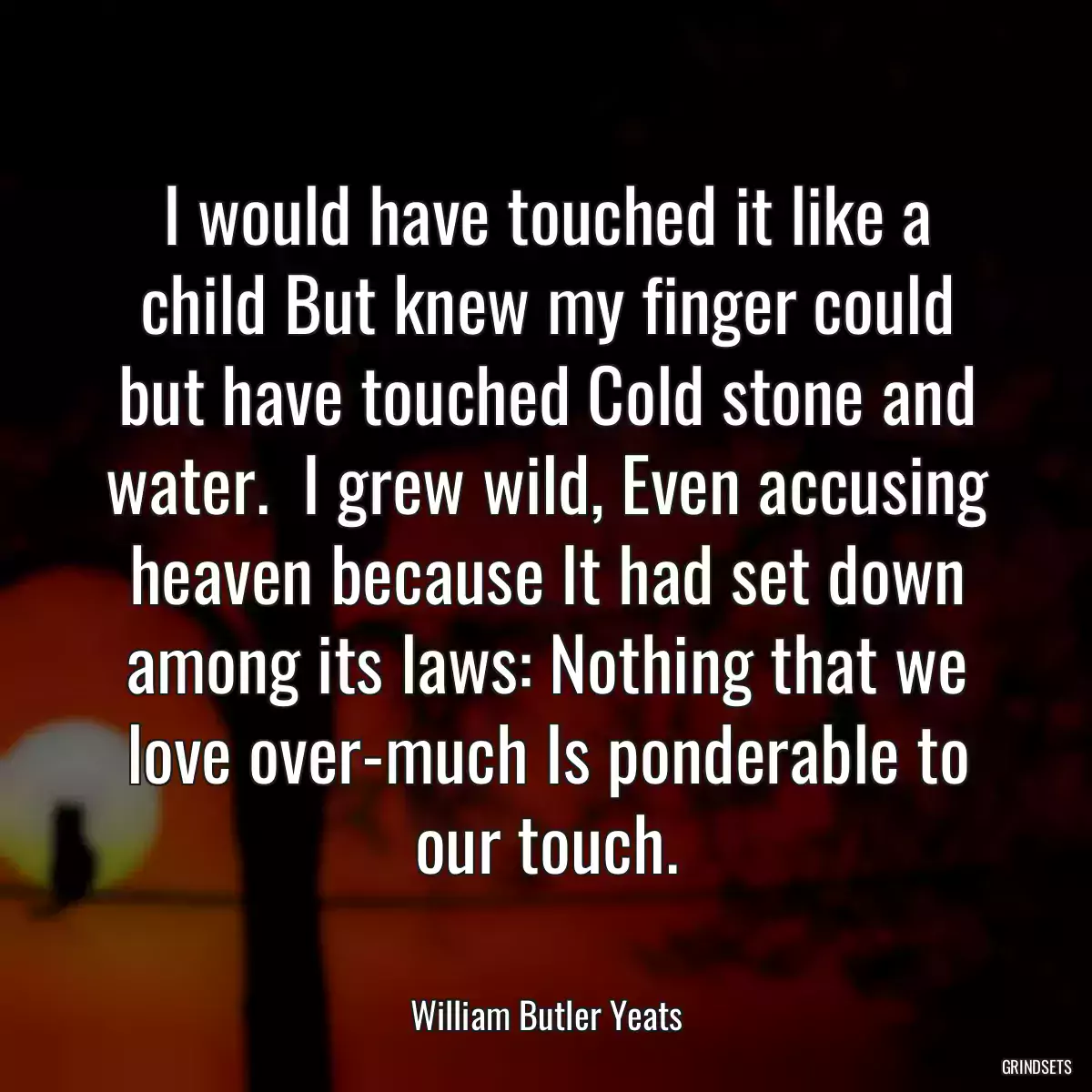 I would have touched it like a child But knew my finger could but have touched Cold stone and water.  I grew wild, Even accusing heaven because It had set down among its laws: Nothing that we love over-much Is ponderable to our touch.