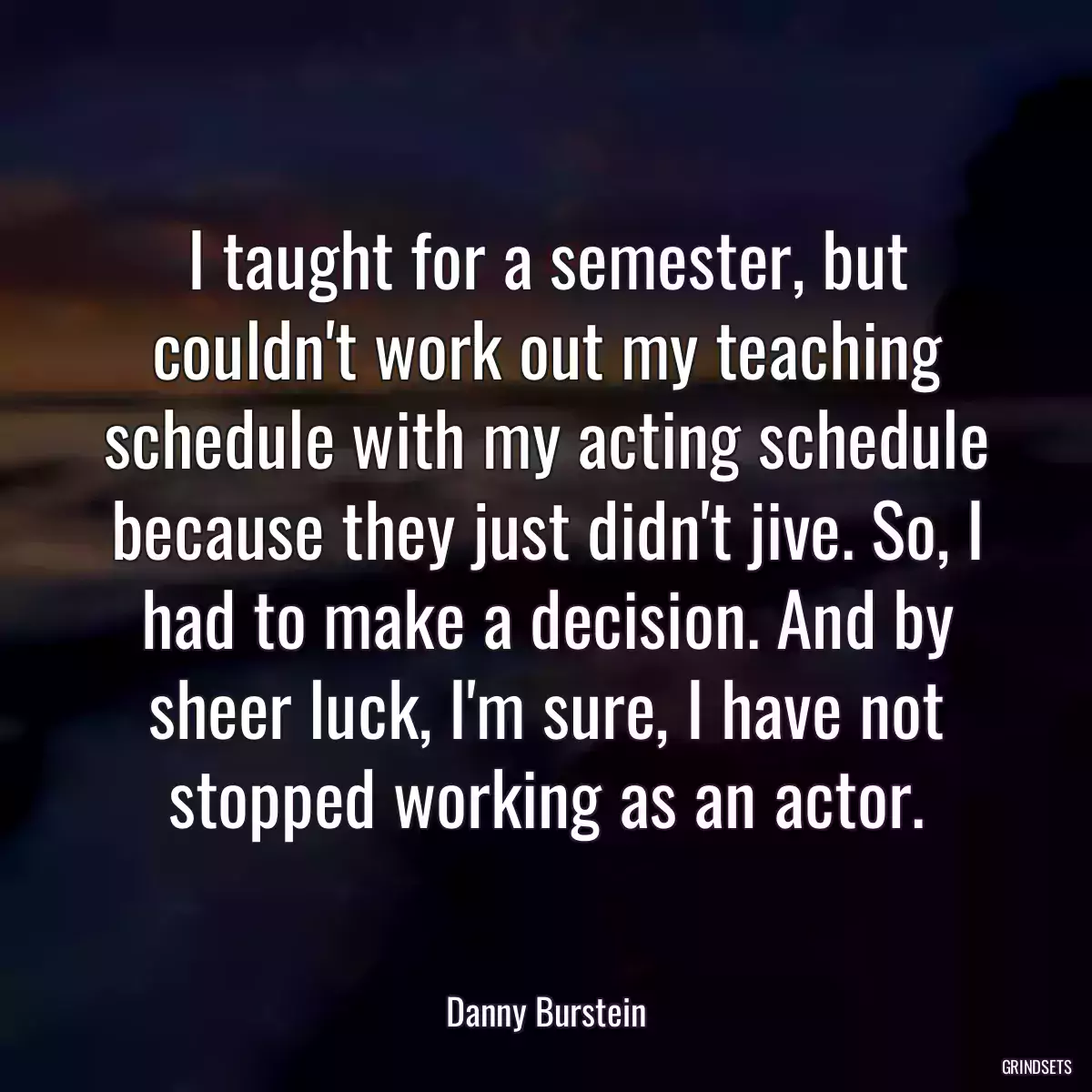 I taught for a semester, but couldn\'t work out my teaching schedule with my acting schedule because they just didn\'t jive. So, I had to make a decision. And by sheer luck, I\'m sure, I have not stopped working as an actor.