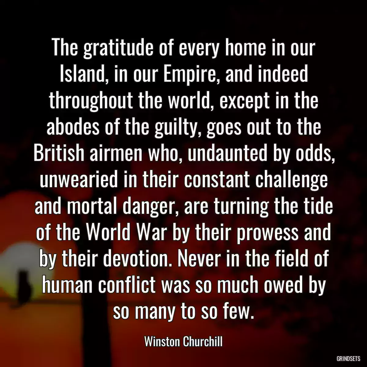 The gratitude of every home in our Island, in our Empire, and indeed throughout the world, except in the abodes of the guilty, goes out to the British airmen who, undaunted by odds, unwearied in their constant challenge and mortal danger, are turning the tide of the World War by their prowess and by their devotion. Never in the field of human conflict was so much owed by so many to so few.