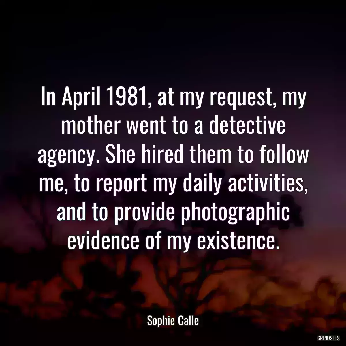 In April 1981, at my request, my mother went to a detective agency. She hired them to follow me, to report my daily activities, and to provide photographic evidence of my existence.