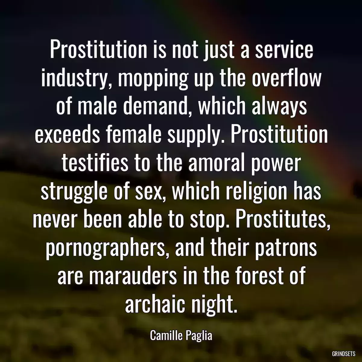 Prostitution is not just a service industry, mopping up the overflow of male demand, which always exceeds female supply. Prostitution testifies to the amoral power struggle of sex, which religion has never been able to stop. Prostitutes, pornographers, and their patrons are marauders in the forest of archaic night.