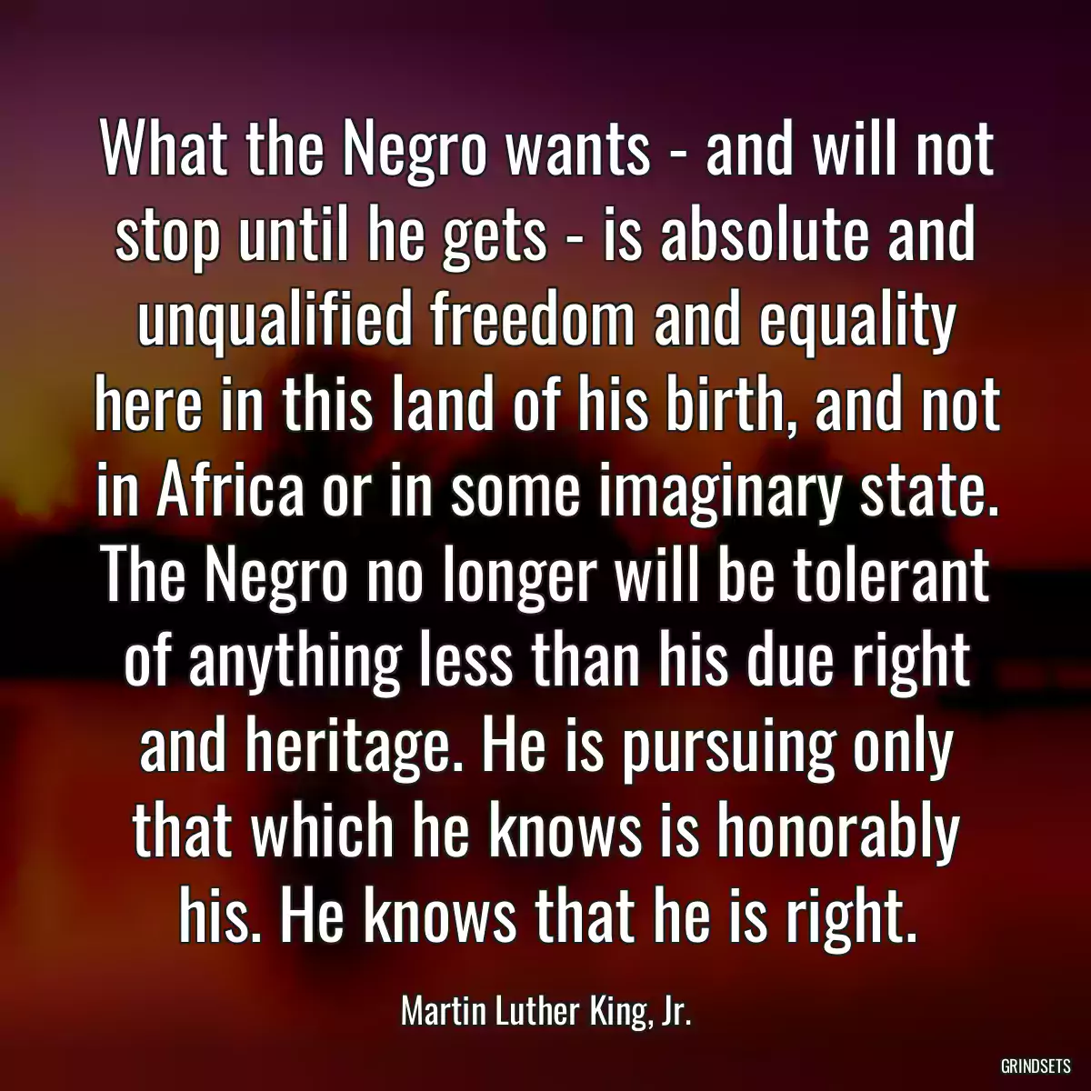 What the Negro wants - and will not stop until he gets - is absolute and unqualified freedom and equality here in this land of his birth, and not in Africa or in some imaginary state. The Negro no longer will be tolerant of anything less than his due right and heritage. He is pursuing only that which he knows is honorably his. He knows that he is right.